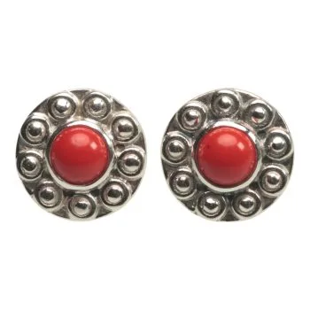 Elegant Sunflower Shaped Red Coral Earrings in 92.5 Sterling Silver | Unique Handmade Jewelry