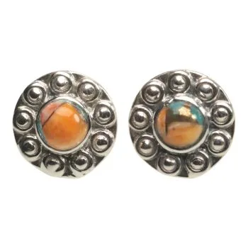 Sunflower Shape Spiny Oyster Turquoise Stud Earrings - 92.5 Sterling Silver Handmade Jewelry