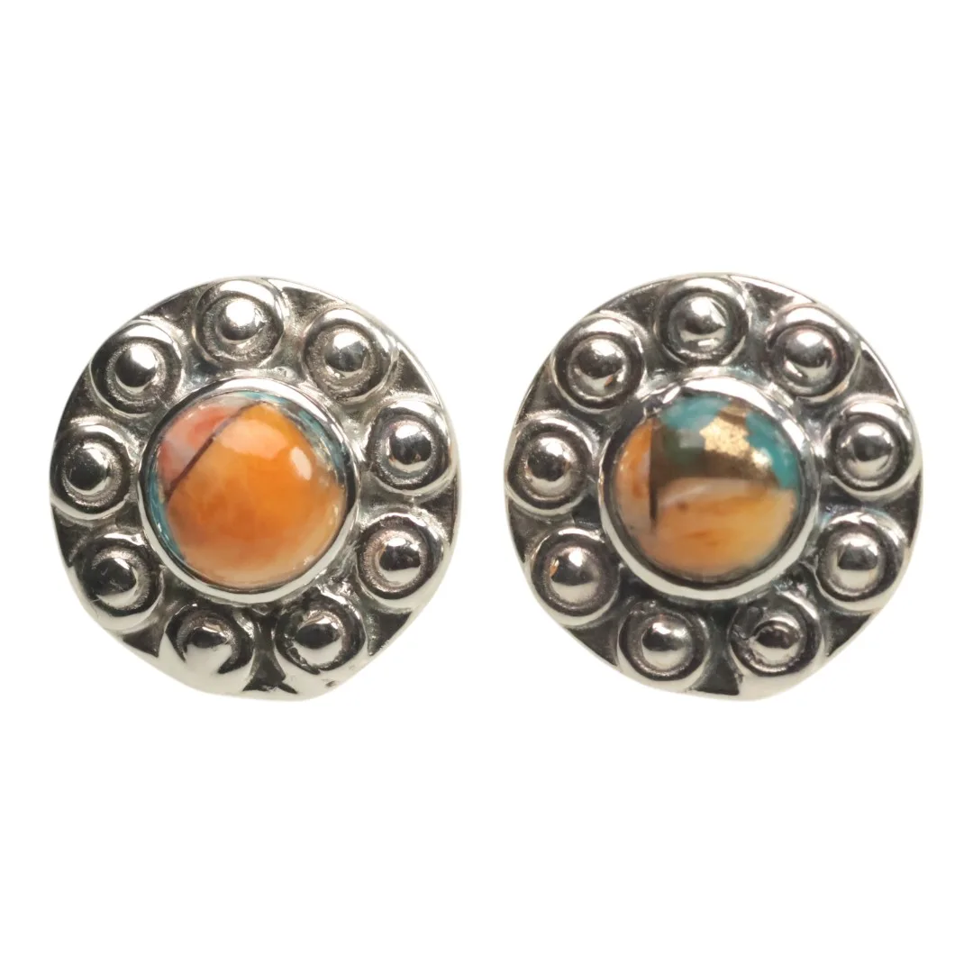 Sunflower Shape Spiny Oyster Turquoise Stud Earrings - 92.5 Sterling Silver Handmade Jewelry