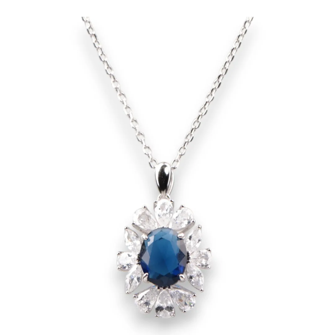 Blue Cubic Zirconia Pendant Necklace – White Gold Chain, Elegant Jewelry Gift for Women