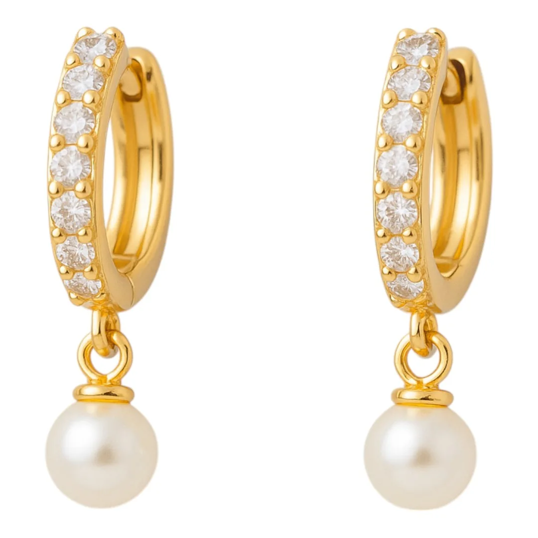 18k Gold Plated Sterling Silver Pearl Drop Hoop Earrings with Cubic Zirconia – Elegant Jewelry for Women