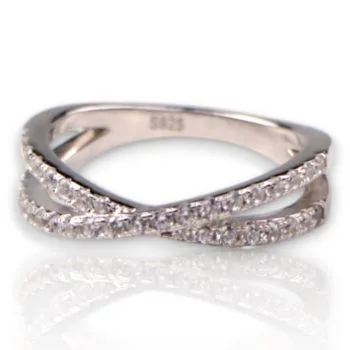 Stunning White Gold Plated Crossover Sterling Silver Ring with Sparkling Cubic Zirconia