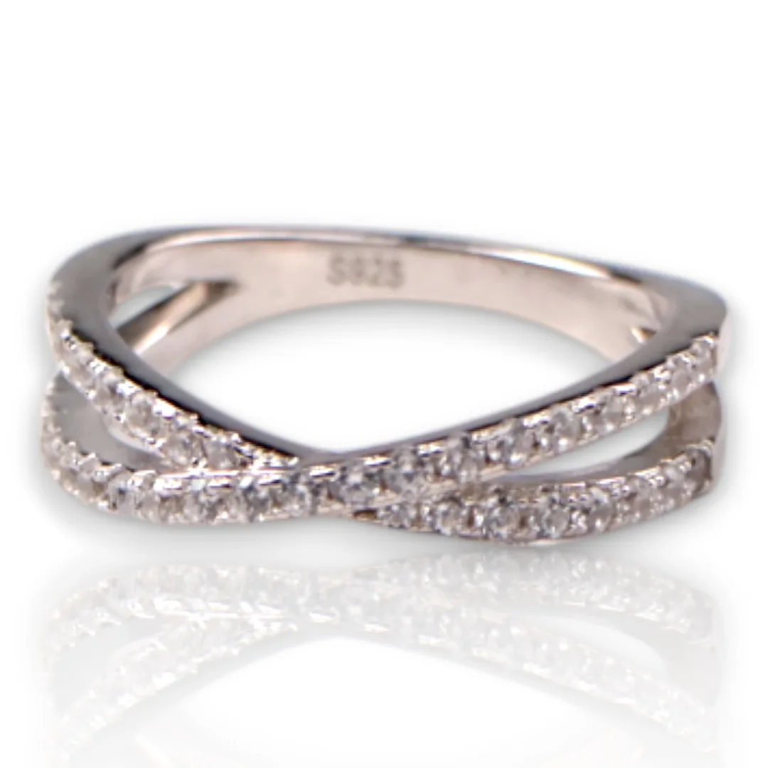 Stunning White Gold Plated Crossover Sterling Silver Ring with Sparkling Cubic Zirconia