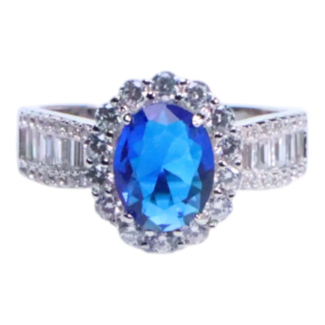 Elegant Blue Cubic Zirconia White Gold Plated Sterling Silver Ring