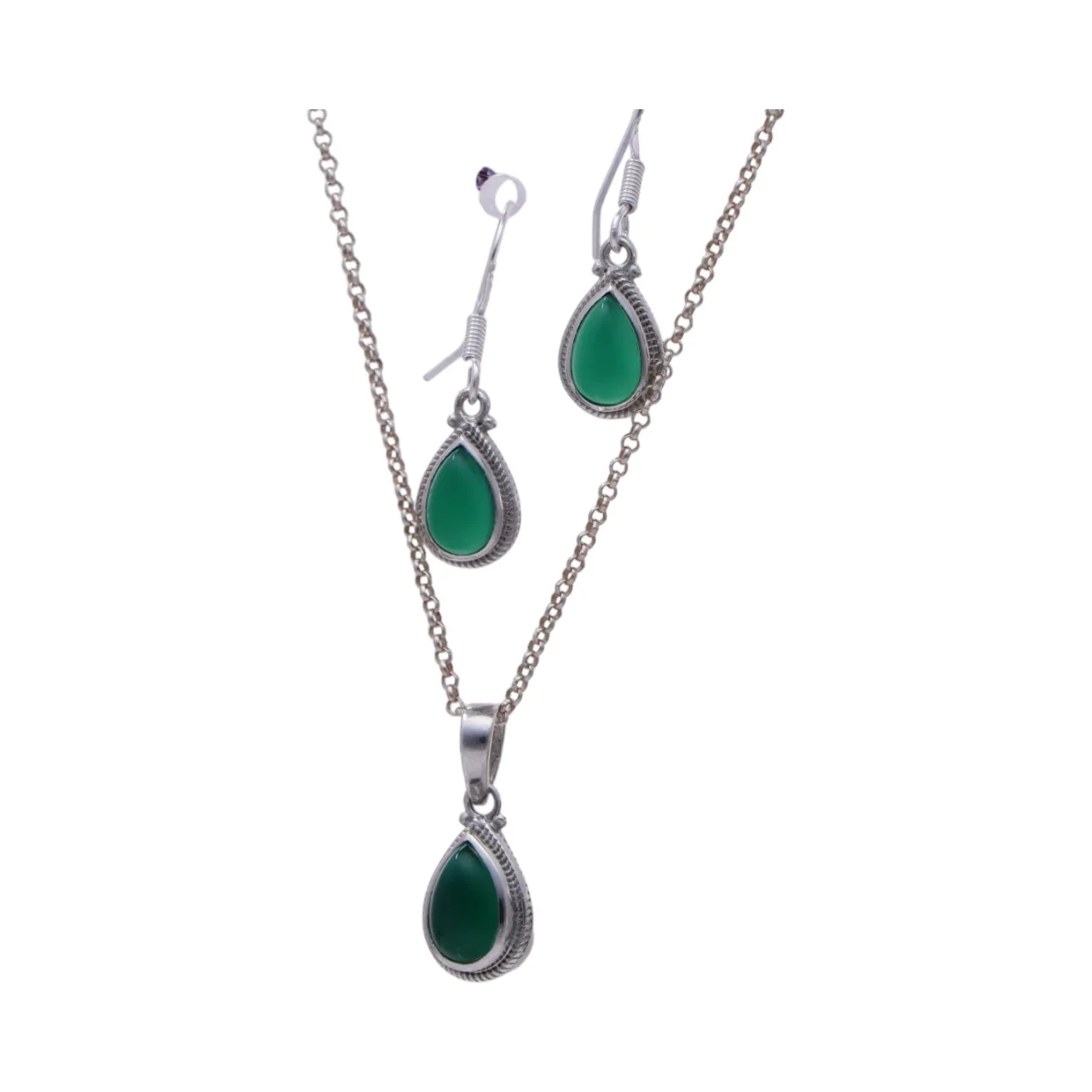 Green Onyx Tear Drop Sterling Silver Jewelry Set - Perfect for Any Occasion!