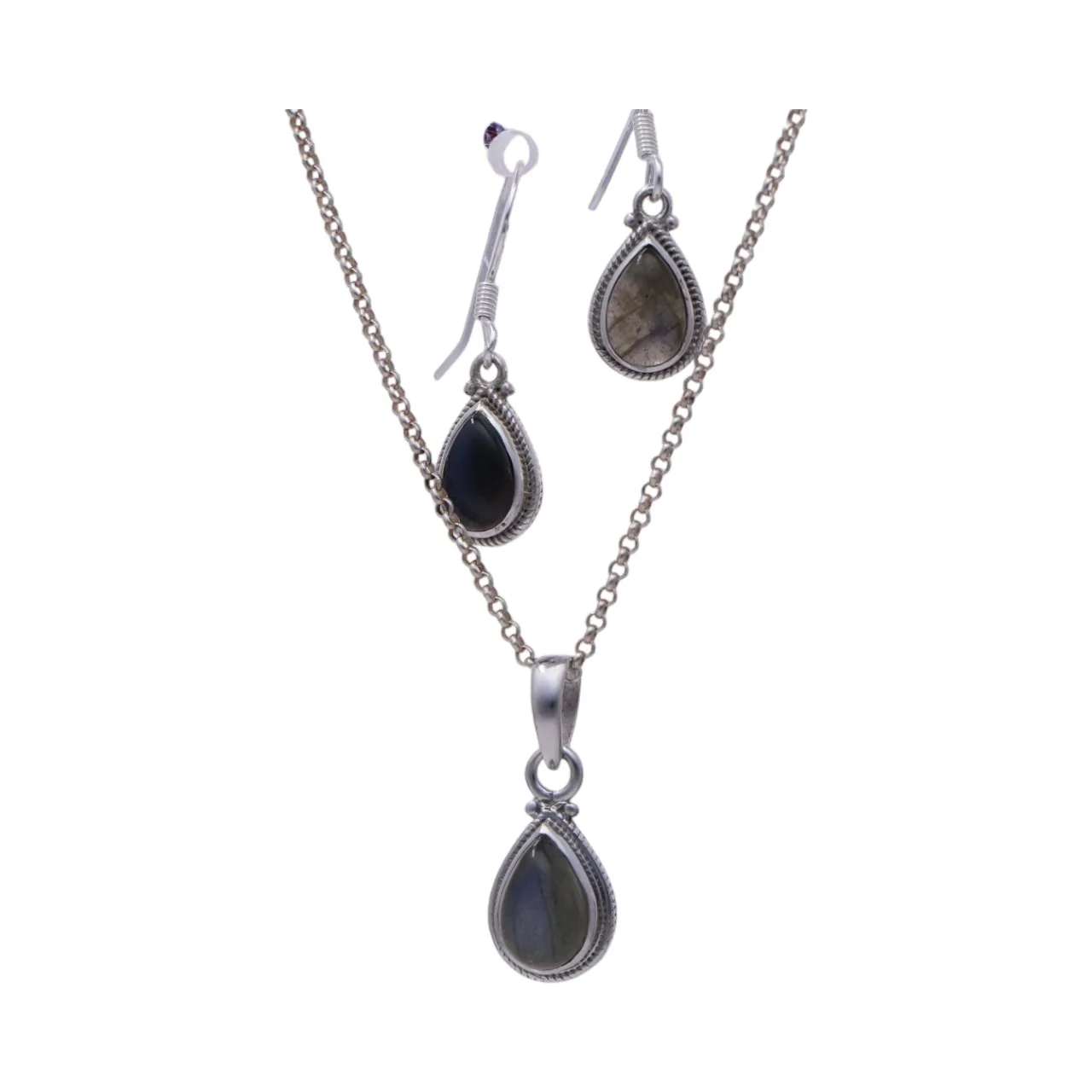Labradorite Tear Drop Set: Sterling Silver Pendant and Earrings - crafted for elegance and healing