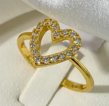 Gold-Plated Open Heart Ring with Full Pavé CZ Outline - Dainty Statement Jewelry