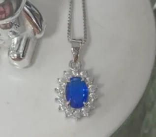 Royal Blue Halo Pendant - Sapphire-Style Oval Necklace with CZ Halo for Women