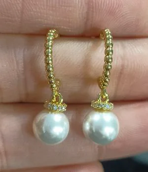 Gold-Plated Drop Pearl Earrings: Textured Beaded Hoop & CZ Crown Cap - Elegant, Classic, Luxurious Jewelry