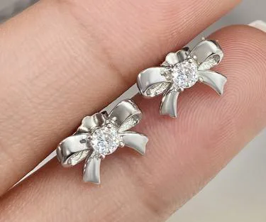 Silver Bow Stud Earrings with Clear CZ Center - Elegant Bow-Shaped Jewelry for Women