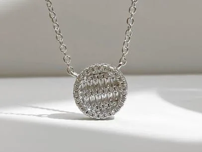 Silver Round Mosaic Halo Necklace - Elegant Sterling Silver Pendant Jewelry for Women