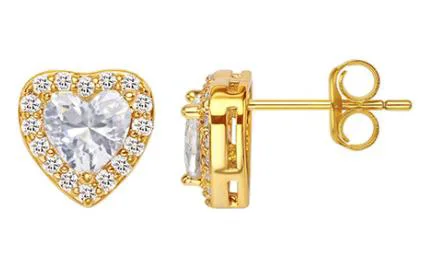 Gold-Plated Heart Stud Earrings with CZ Halo - Sparkly, Romantic, Premium Jewelry