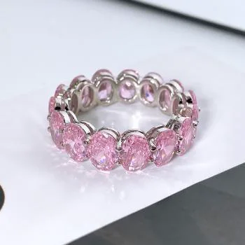 Pink Eternity Ring - Oval CZ Stone Women's Band, White Gold Plated Sterling Silver, Pink Eternity Band