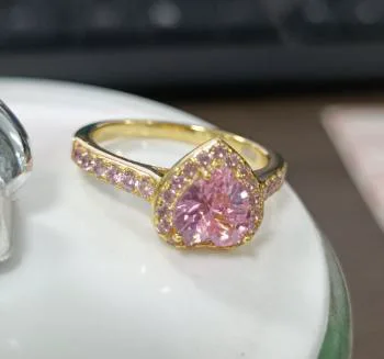 Pink Heart Cut Gold Plated Silver Ring - Heart Shaped Pink Stone Solitaire Promise & Engagement Ring for Women