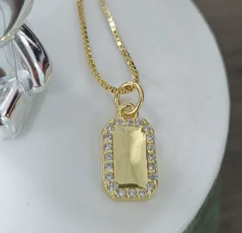Elegant Gold Rectangle Pendant Necklace - Geometric Crystal Framed, Gold-Plated Women's Jewelry