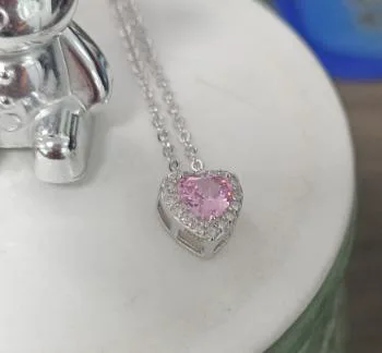 Pink Heart Pendant Necklace - Sterling Silver Halo Heart with Pink Cubic Zirconia - Romantic Gift Jewelry for Women